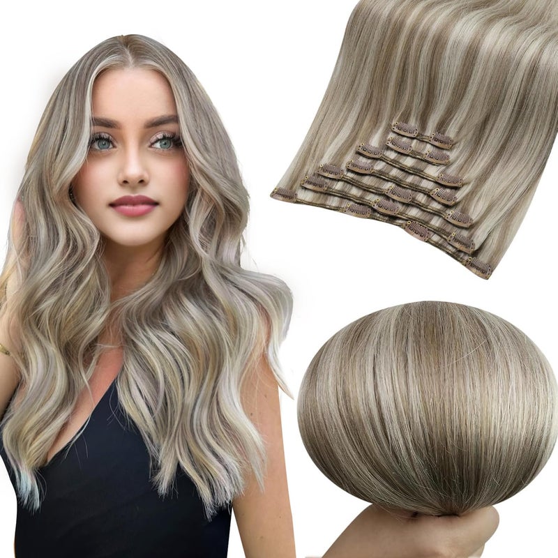 إضافات شعر كليب في بلون أشقر مع تسليط خفيف بلون أشقر فاتح شعر حقيقي 18 بوصة مستقيم إضافات شعر طبيعية كليب إن مزدوجة لزيادة الكثافة 7 قطع 120 جرام